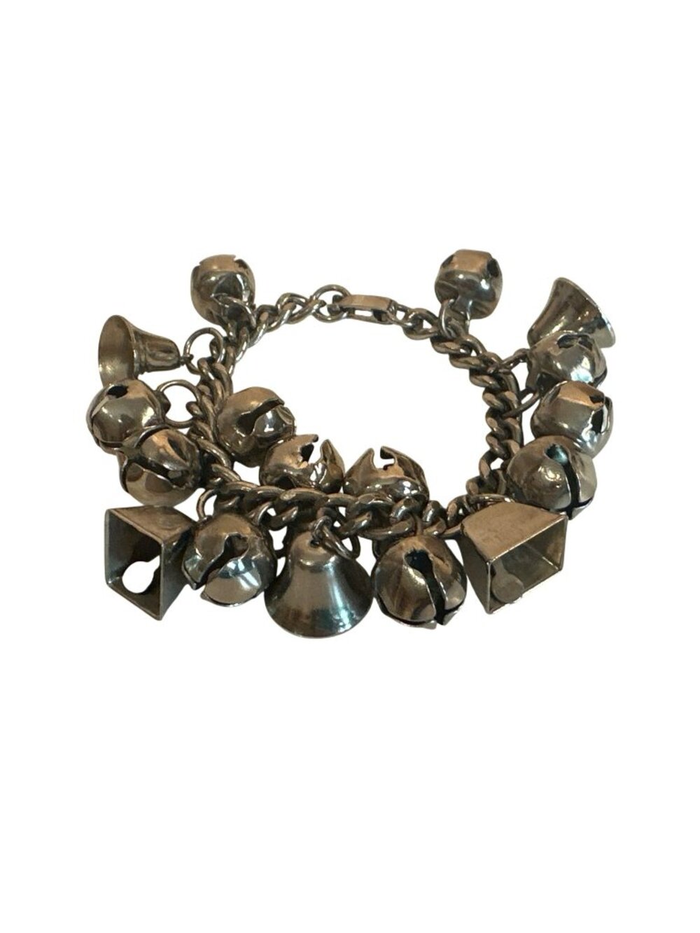 VTG Silver Tone Charm Bracelet  Jingle Bells & Geometric Shapes 7 Inches Chunky